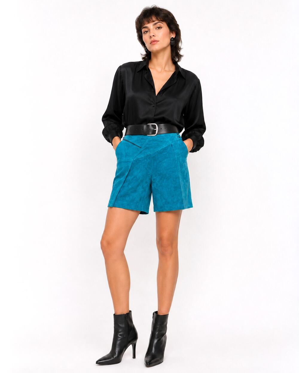 Vintage 80s Aqua Blue Suede Shorts High Waist Asymmetrical Avant Garde 28